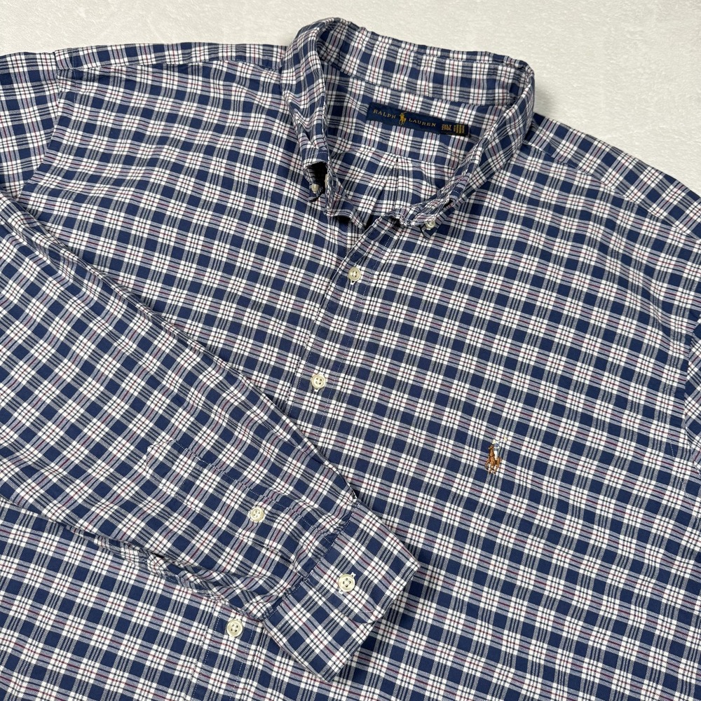 Ralph Lauren‎ Shirt Mens 2XL Tall Blue Plaid Check Button Down Long Sleeve